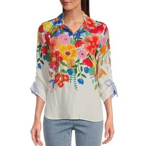 John Mark Petite Floral Point Collar 3/4 Cinched Tie Sleeve Top
